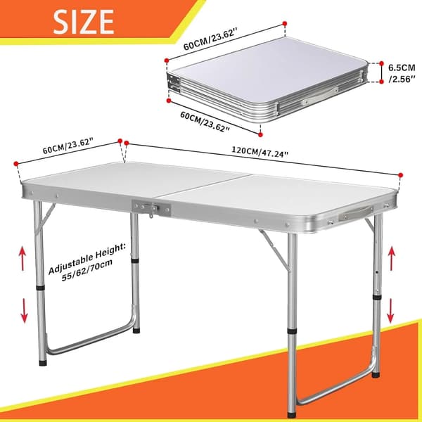 Fällbart Bordsbord, Aluminium, 120 x 60 cm, Höjdjusterbart 70/62/55 cm, Stöder 4 Personer, Kompakt Fällbar Design