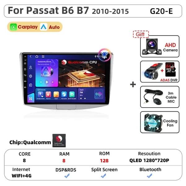 Bil Multimedia Afspiller, Touchscreen Interface, Navigationssystem, Kompatibel med Passat B6 B7 CC 2010-2015,G20-E-CAM-64G DVR