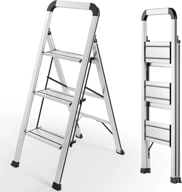 3-stegs Fällstege, Lättviktig, Justerbart Räcke,Silver