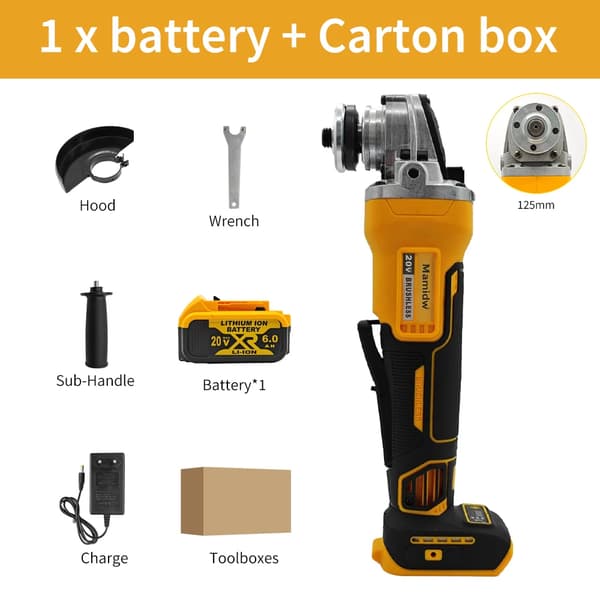 Batteridriven vinkelslip, borstlös motor, 3-hastighetskontroll,1 batterikit