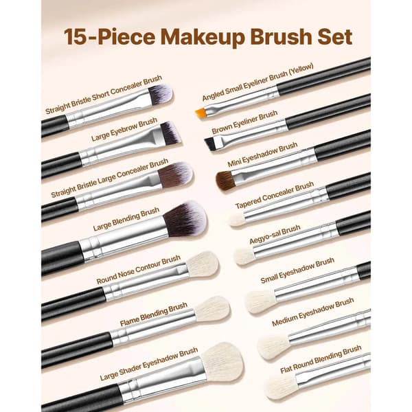 Makeupborstsats, 15 delar, ergonomisk design,15 Bitar