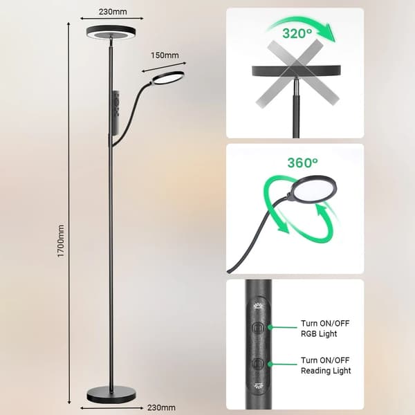 Smart Gulvlampe, Dæmpbart Lys, Fjernbetjening,sort