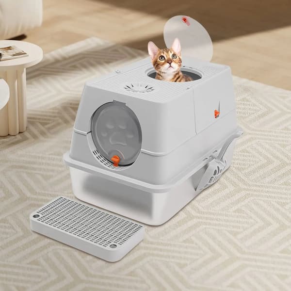 Kattlåda, Rostfritt Stål, Luktkontroll,GRÅ