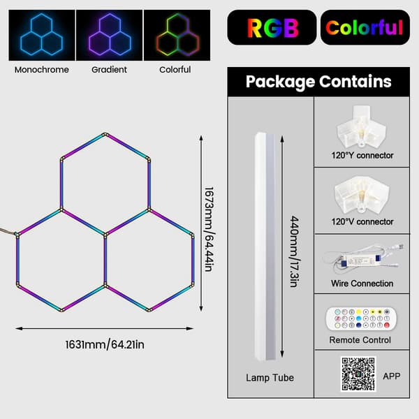 LED Lys, Hexagonal Design, Bluetooth Kontrol,3-Hul