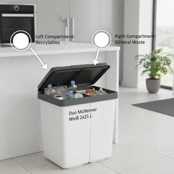 Affaldsbeholder, Dobbelt Kompartment, Holdbart ABS Materiale,Hvid
