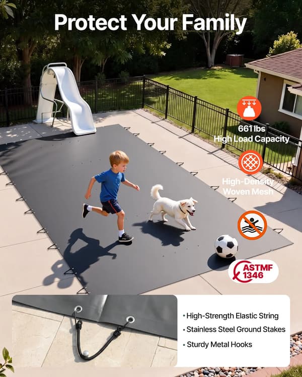 Nedgrävd Poolöverdrag, PVC Nät, 3,66 x 7,62 meter, Lämplig för Rektangulära Pooler, Dräneringshål, Vinter Säkerhetsfunktion