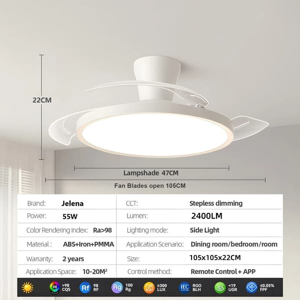 Loftventilator, Justerbar LED-belysning, Stille drift,42 tommer