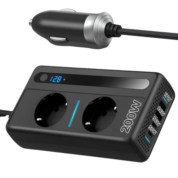 Bilspændingsomformer, 200W Effekt, Dobbelt AC- og USB-opladningsporte,sort