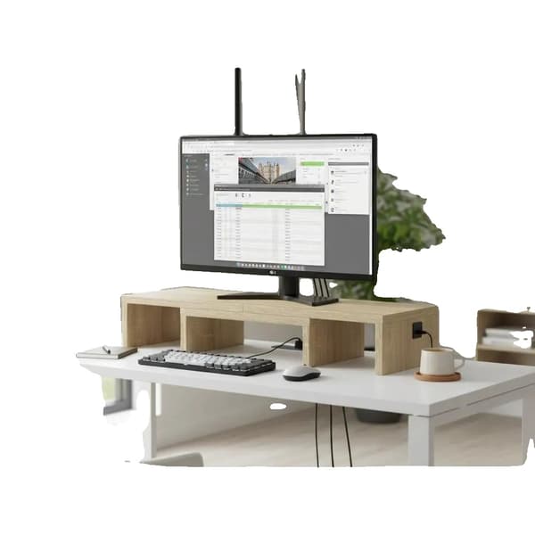 Monitorställ, konstruerat trädesign, inbyggda förvaringsfack,Brun