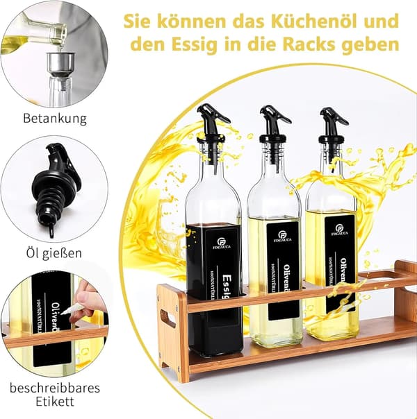 Oljeskåp, läckagesäker hällpip, bambuställning,4 flaskor med ställ