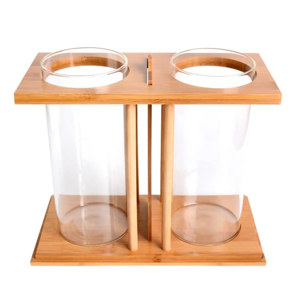 Mini Akvarium, Bambusbase, Dobbelt Glasdesign,træfarve