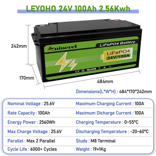 LiFePO4-batteri, 100AH kapacitet, Bluetooth-forbindelse,12V 100AH
