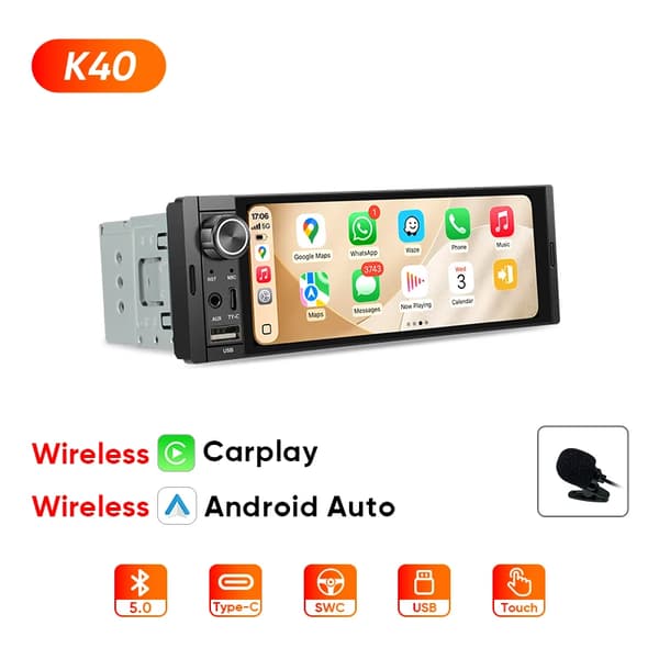 Carplay, HD-skärm, pekskontroll,K40 Trådlös+MIC