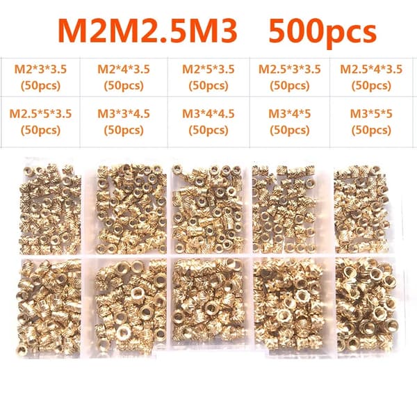 Indsæt møtrik, messingmateriale, rillet design,M2 M2.5 M3 (500PCS)