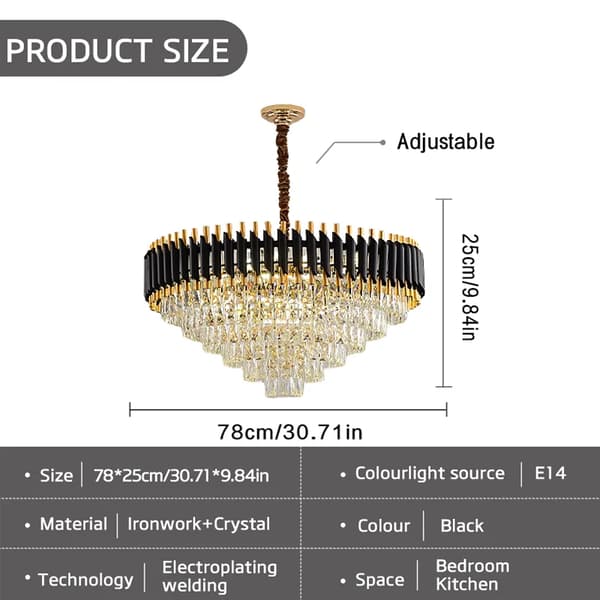 Kronleuchter, Justerbar Højde, Multi-Tier Krystal Design,Diameter 78cm, 3- farve dæmpning