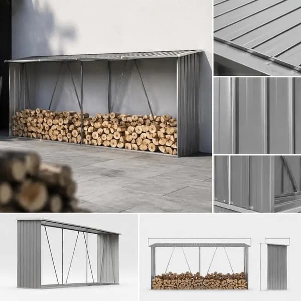 Vedskjul, Galvaniserat Stål, Väderbeständig Design,Grå