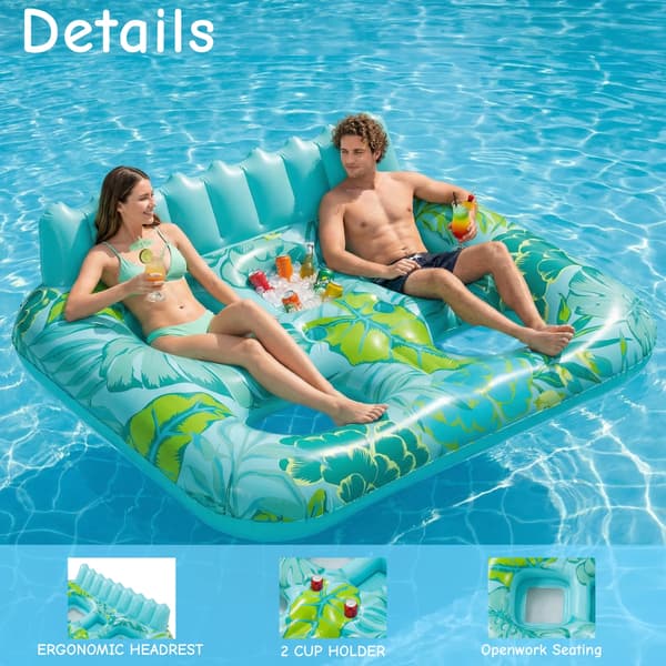 Uppblåsbar Pool Float, Ergonomisk Design, Inbyggda Kopphållare,Cyan