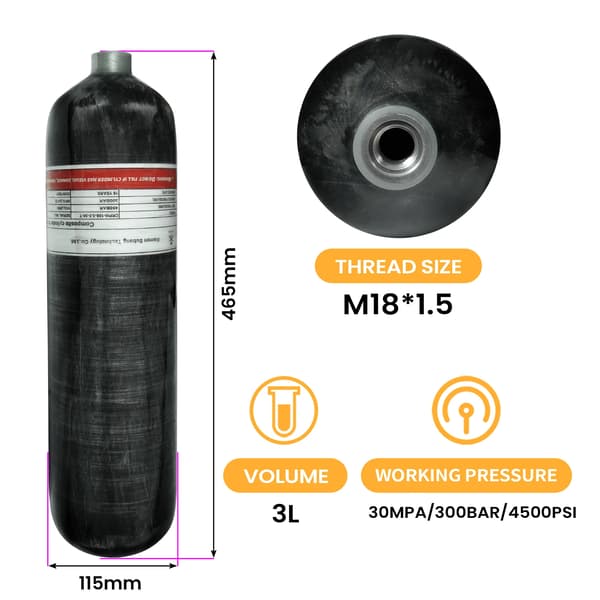 Højtryksbeholder, Kulfiberkonstruktion, 3L Volumen,3L