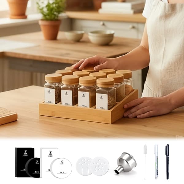 Kryddburksset, Hållbar Bambubräda, Glasburkar,13PCS