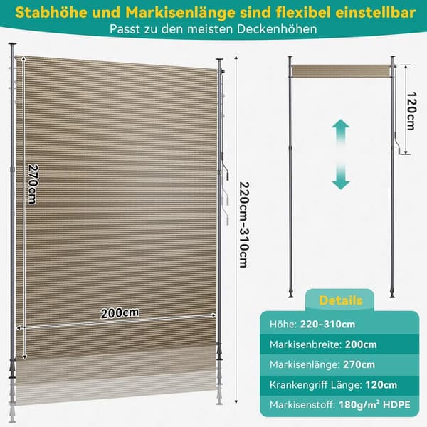 Markise, HDPE Materiale, Nem Installation,Kaffe 200x270cm