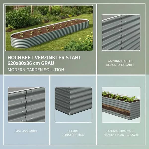Havebed, Holdbart Metal, Alsidige Plantemuligheder,Gris