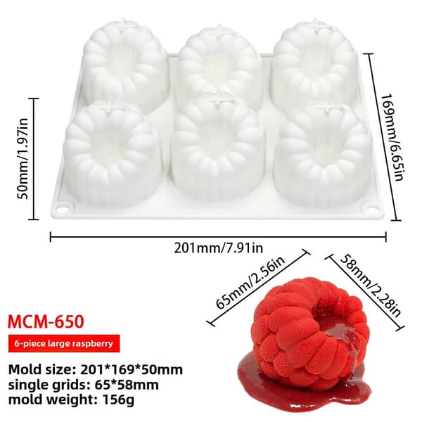 Mousseform, 6-hul design, fleksibelt silikone materiale,6 Hindbær