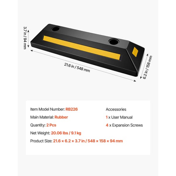 Parkeringsstopper, Holdbart Materiale, Reflekterende Sikkerhedsstreger,21.5x6.2x3.7tommer