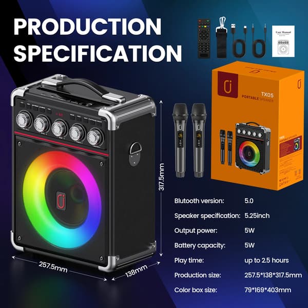Karaoke Maskine, 6000mAh Batteri, Bærbar, Bluetooth Forbindelse, LED Lys, To Mikrofoner