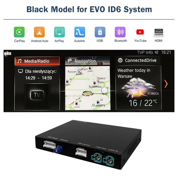Trådløs CarPlay Android Auto Interface, Multi-enhedsforbindelse, GPS-understøttelse,EVO-ID 6-Sort