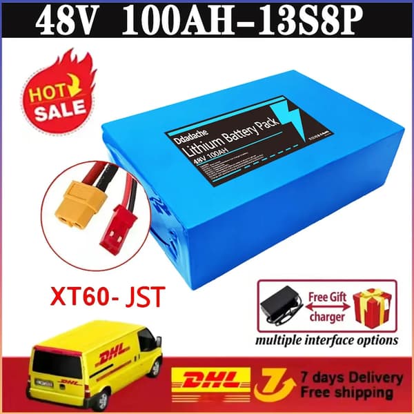 Lithium-ion batteripakke, 48V, 100AH kapacitet,XT60-JST-lader