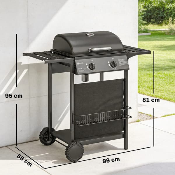 Gasgrill, 2 brændere, indbygget termometer,sort