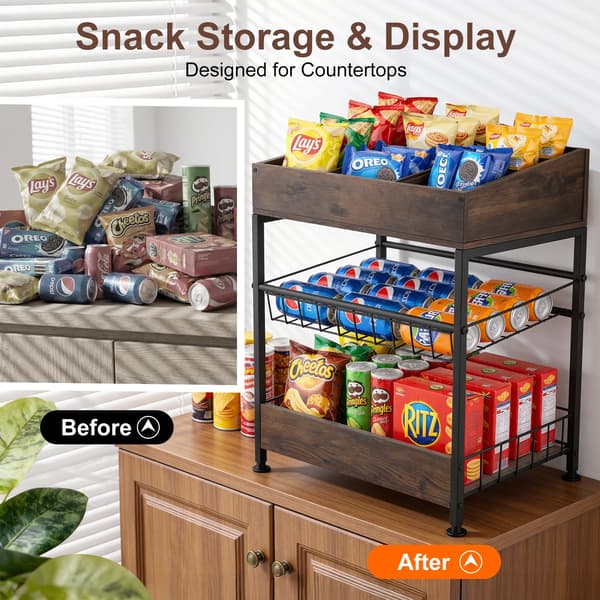Snack Display Rack, 3-lags design, alsidig madopbevaring,Brun