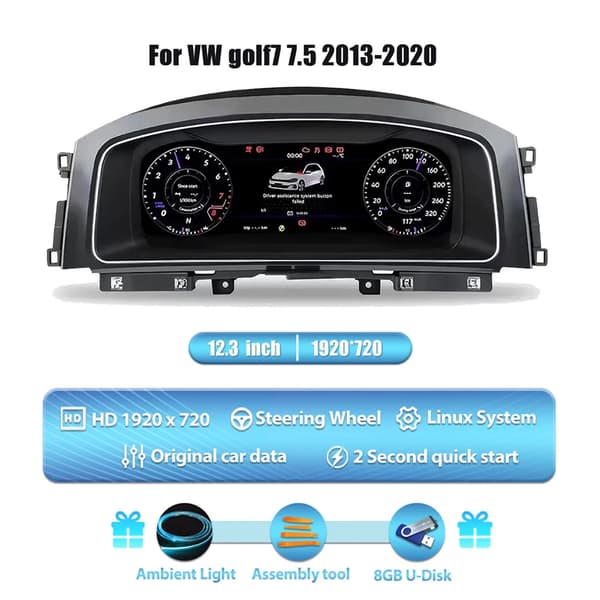 Dashboard Display, HD IPS Skærm, Nem Installation,Til Golf 7 7.5