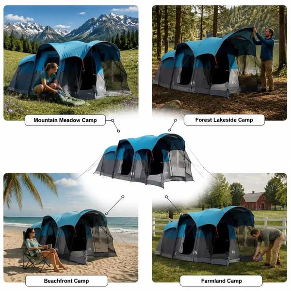 Camping telt, egnet til 5 til 8 brugere, ét soveværelse og ét opholdsrum, holdbart 201T polyesterfiber, nem montering, stålstangsmateriale