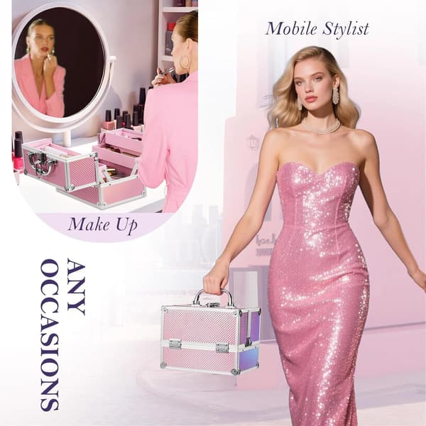 Makeup Organizer, Låsbar Design, Fyra Rymliga Brickor,Sjöjungfru rosa