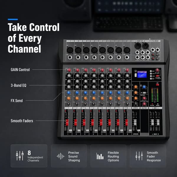 Lydmixer, 8 Kanaler, USB Afspilning, 3-Bånd EQ, FX Send, 48V Phantom Strøm