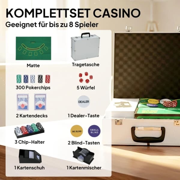 Poker Spil Sæt, 300 Chips, 2 Sæt Kort,Sølv