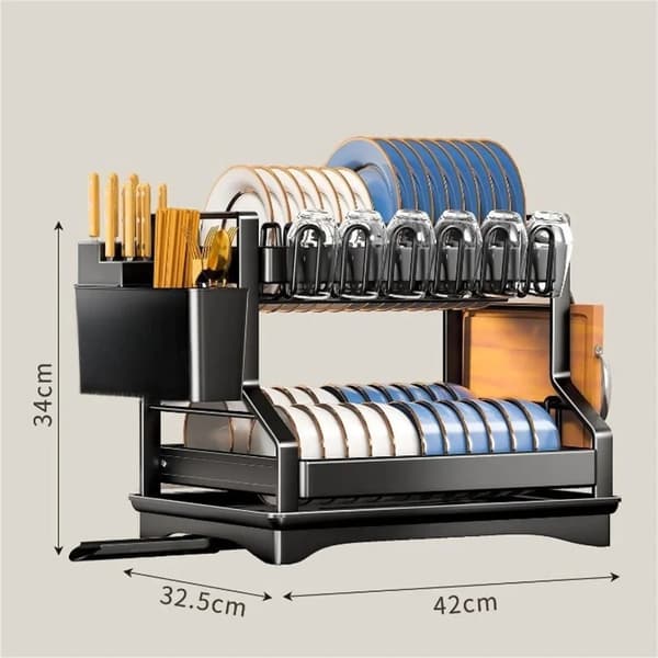 Opvaskestativ, Dobbelt Lag, Justerbart Design,2-lags, sort