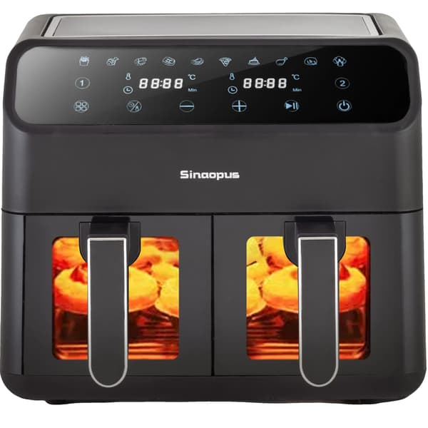 Luftfritös, 9L kapacitet, 2000W effekt, temperaturintervall 80-200 °C, dubbelkorgdesign, LED-touchpanel