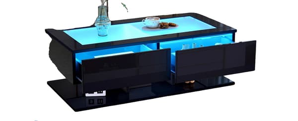 Cafébord, App-styret LED-belysning, Stilfuld opbevaring,sort