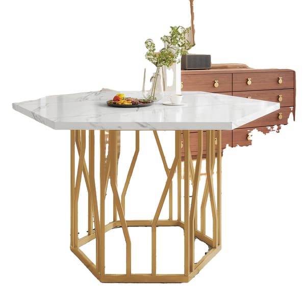Matbord, Hexagonalt Design, Stilig Metallram,Guldvit
