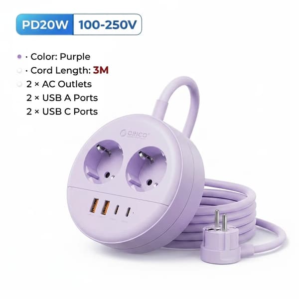 Strømstik, USB PD Opladning, Overspændingsbeskyttelse,3M 2A2U2C Lilla