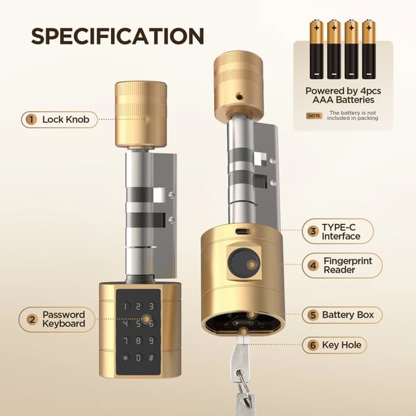 Smart låsecylinder, aluminiumlegering, egnet til 35mm-70mm døre, flere låsemetoder, Bluetooth-forbindelse, CE-certificeret