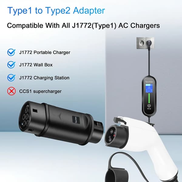 Adapter, Typ 1 till Typ 2 Kompatibilitet, 7.2kW Maximal Effekt,Typ1 till Typ2