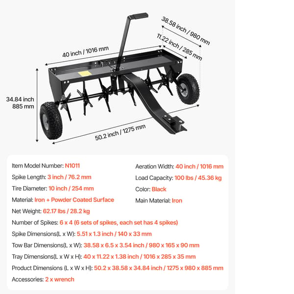 Plænelufter, Dyb Spike Aeration, 100 lbs Belastningsevne,40 tommer
