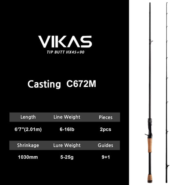 Bassefiskestang, Holdbar kulfiberkonstruktion, Ergonomisk greb,VIKAS-672MC