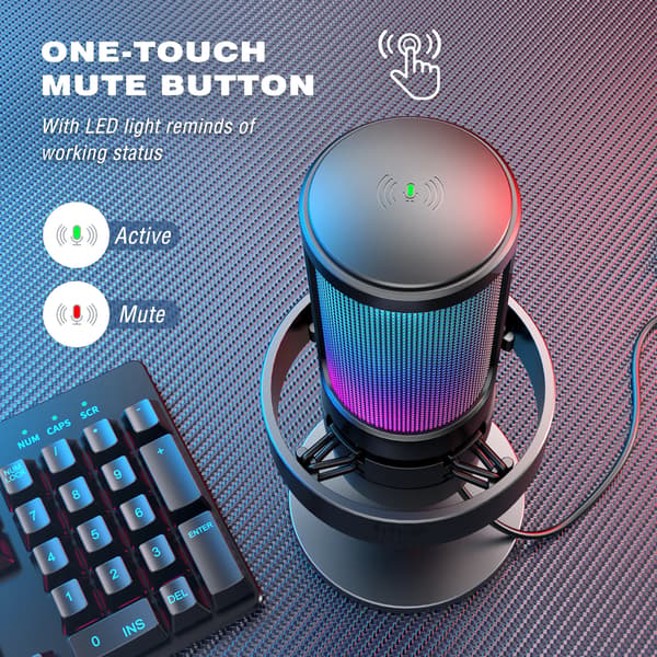 USB Mikrofon, RGB Baggrundsbelysning, Realtids Overvågning,sort