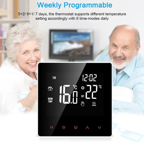 Smart Termostat, APP Kontroll, Veckovis Programmerbar,svart