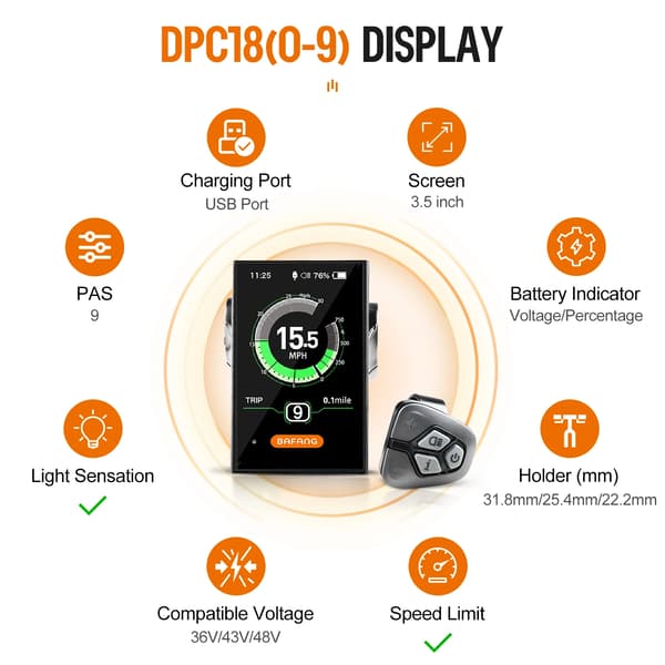 eBike Display, 3,5-tommer LCD-skærm, kompatibel med Bafang-systemer,BAFANG DPC18 (Til UART )