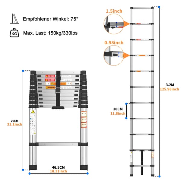 Teleskopstige, Rustfrit Stål, Kompakt Foldedesign,3.2M